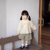 Roupa Infantil Coreana à Vista Outono Azul Estilo Lucy Manga Longa Meninas Floral Babydoll Camisa Shorts com Cintura Elástica Conjunto
