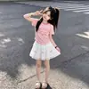 Moda Niños Grandes Dulce Fresco Lazo Media Falda Niñas Verano Elegante Camiseta de Manga Corta con Letra Conjunto de Dos Piezas