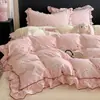 Juego de Sábana de Tul con Volantes Estilo Niña de Cuatro Piezas, Funda de Edredón de Encaje Estilo Princesa, Ropa de Cama Nantong, Juego de Tres Piezas para Dormitorio 4
