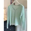 Blusa de tricô crochê vazada doce de manga comprida para mulheres, novo estilo de verão, fina e leve, com acabamento em renda, modelagem solta, peça de sobreposição versátil