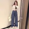 Pantalones casuales de cuadros retro de pierna ancha para mujer, verano finos de cintura alta estilo coreano de pierna recta de algodón burbuja casuales