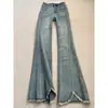 Calça Jeans Flare Azul Claro para Mulheres, Tamanho Plus, Cintura Alta, Emagrecedora, Barra Desfiada, Comprimento Estendido para Mulheres Altas