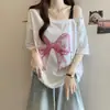Camiseta de Manga Corta con Hombros Descubiertos, Perlas y Lazo, Talla Grande para Mujer, Verano 2025, Nueva, para Gorditas, Holgada, Aspecto Adelgazante, Top para Cubrir la Piel