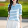2025 Verão Novo Tencel Lyocell Camisa Tricotada com Gola POLO Camiseta de Manga Curta Feminina Listrada com Combinação de Cores Camisa Básica