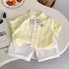 Conjunto de Camisa para Meninos 2026 Verão Novo Estilo Roupa de Verão para Meninos Blusa de Manga Curta e Shorts Bordados Listrados Algodão Puro Conjunto de Duas Peças