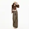Pantalones largos casuales de pierna ancha, tiro bajo, lavado vintage, color verde y café, longitud extendida, tela de algodón para primavera, para mujer, transfronterizos
