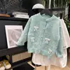Moda Feminina Cardigan Macio Doce com Laço para Crianças Maiores, Novo Suéter Soltinho Estiloso para Outono e Inverno