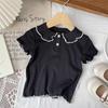 Playera de Verano de Manga Corta para Niñas, Elegante Camiseta Polo de Moda Coreana con Bloques de Color y Volantes en el Cuello de Muñeca