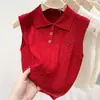 Colete Tricot Gola Polo para Mulheres, Peça de Sobrepor de Verão, Roupa de Baixo, Regata sem Mangas, Top Curto Bordado, Branco