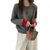 Nueva ropa de punto de lana pura para mujer de otoño e invierno, nuevo cárdigan abotonado de color bloqueado estilo chino, abrigo grueso holgado