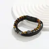 Nuevo Pulsera Trenzada de Cuero Cruzada de Tres Capas Europea y Americana Pulsera de Piedra Ojo de Tigre Natural para Hombre Pulsera de Perlas Joyería