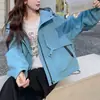 Nueva Chaqueta Corta Azul con Capucha Estilo Coreano para Mujer Primavera y Otoño 2026, Chaqueta Exterior Adelgazante y Rejuvenecedora para Mujeres Pequeñas