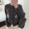 Cardigan de Tricô Xadrez Color Block Retrô Estilo Coreano Feminino Macio Amigo da Pele 2026 Outono/Inverno Novo Casaco Suéter Top