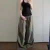 Calça Casual larga, fina, de retalhos, franzida, perna larga, estilo verão retrô americano, estilo preguiçoso, secagem rápida, fresca