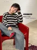 Suéter infantil Aimobebe, versátil para otoño e invierno, suave y cómodo suéter de rayas con cuello redondo, tejido de bloques de color moderno para niños y niñas