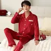 Pijama Vermelho Masculino Seda Gelada Primavera e Outono Família Ano Novo Casamento de Inverno Nova Seda Cetim Roupas de Casa Terno Masculino