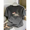 Camiseta de Algodão Puro Manga Curta Estilo Novo 2026 para Mulheres, Moda INS Versátil que Rejuvenesce Afinando Top Cinza Escuro, Verão
