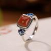 Anillo cuadrado elegante Xiangyun con diseño de ciervo, plata de ley S925, ágata roja del sur, cloisonné, estilo retro, clásico, estilo nacional.