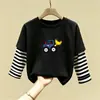 Nova Blusa Infantil Primavera e Outono Desenho Animado Roupas de Outono Algodão Puro Meninos Camiseta de Manga Longa Tendência Legal Camada Base Roupas Patchwork