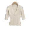 7590-25 Primavera Nuevo Estilo Europeo y Americano Sexy Sexy Cuello en V Grande Manga Tres Cuartos Empalmado Casual Top Camiseta para Fondo