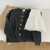 Recomendado! Estilo Coreano ~ Cardigan de Lã Tricotado Cinza Escuro com Botão Dourado, Jaqueta Suéter Macia e Aveludada de Alta Qualidade para Mulheres