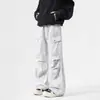 Calça Cargo Tie-Dye Estilo Americano Retrô Masculina Primavera Outono Inverno High Street Perna Larga Calça Paraquedas Marca de Moda Plissada Suja Calça Casual