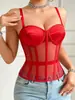 Top Tubo de Renda Elástica Transparente Cruzado Modelador Sexy com Barbatanas Sem Alças Ajuste ao Corpo Top Cropped com Alças