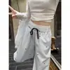 Calça Casual Listrada Dopamina Azul Claro Estilosa com Laço para Mulheres, Doce Estilo College Solta Versátil Reta