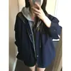 Chaqueta corta de color block retro americano con cuello alto y fruncido para mujer, top casual holgado vintage con cremallera para otoño e invierno
