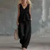 Conjunto de dos piezas para mujer, sin mangas, cuello en V, con volantes, pantalones de pierna ancha, top tipo camiseta de color liso con bolsillos, primavera-verano