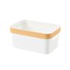 Cesta de almacenamiento de plástico directa de fábrica con tapa, caja de almacenamiento de escritorio apilable de color nórdico, cesta de almacenamiento con acabado para cocina y baño
