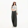 Pantalones casuales de traje transfronterizos 2026 para mujer, pierna recta holgada estilo americano, con caída y plisados, pantalones largos grises, longitud extendida gris