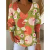 Estación Independiente Transfronteriza Europea y Americana Nueva Camiseta de Moda para Mujer Estampado 3D Color Degradado Cuello en V Manga Larga Top Verano Europeo y Americano