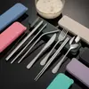Conjunto de Talheres Portátil Transfronteiriço Faca Garfo Colher Hashi Palitos Canudo Conjunto de 7 Peças Conjunto de Talheres de Aço Inoxidável Colher Hashi