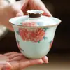 Xícara de Chá Gaiwan de Cerâmica Jin Tang Fu Hua de Fábrica, Conjunto de Chá de Alto Valor Estético, Tigela de Chá de Peça Única com Tampa para Uso Pessoal, Não Queima
