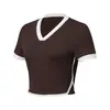 Camiseta Corta Dulce y Picante Estilo Americano para Mujer, Cuello en V Retro, Bloques de Color, Ropa Deportiva Corta de Puro Deseo, Top para Gimnasio Yoga