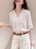 Camisa Blanca de Lino Estilo Old Money para Mujer, Nueva Camisa Chaqueta Casual Holgada de Media Manga con Cuello Campana para Verano y Otoño