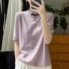 24 nuevas camisetas de manga corta de punto estilo chino para mujer, estilo retro con botones y encaje de lana peinada
