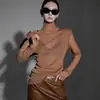 Camisa Básica de Malha com Glitter Fino para Mulheres, Camisa de Gaze para Primavera e Outono, Camisa Interna Sexy com Recortes, Top de Renda de Manga Longa de Gola Alta