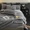 Juego de Cuatro Piezas Estilo Falda de Cama de Felpa de Conejo Engrosada Sábana de Leche Funda Nórdica Doble Cara Más Felpa Franela Coral Fleece Invierno