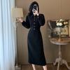 Vestido estilo Xiao Xiang 2025 outono novo luxo leve sofisticado elegante moda cintura emagrecedora lapela saia longa