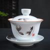 Tigela de porcelana branca Dehua com três peças, tigela grande de cerâmica branca de 4,0 polegadas, conjunto de chá kung fu com logotipo personalizável