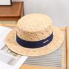 Sombrero de paja Lafite decorativo con cinta para primavera y verano 2024, de copa plana, ala plana, sombrero pequeño tipo bombín fresco, a prueba de sol, sombrero de copa plana para mujer