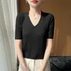 Fuente transfronteriza 26 Estilo otoño camiseta de punto de manga corta con cuello en V para mujer, camiseta básica de punto liso, top de manga corta para damas
