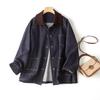 Jaqueta Jeans Vintage de Veludo Cotelê com Gola Reversível em Cor Contrastante, Modelagem Solta Emagrecedora de Comprimento Médio para Outono