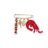 Broche de Alfinete Pingente de Concha Camarão Vermelho Temático Oceano Boêmio Europeu e Americano, Broche Vintage Metálico com Contas de Cascalho Transfronteiriço