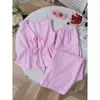 Conjunto de Verano de Color Sólido a Rayas Chaleco Cruzado Casual con Lazos Pantalones Largos de Color Sólido Holgados Conjunto Dulce Casual
