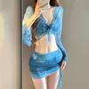 Nuevo Bikini de Cuatro Piezas Traje de Baño Dividido Estampado de Chica Caliente Femenino Pecho Pequeño Manga Larga Sexy Traje de Baño para Vacaciones en la Playa