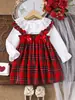 Camisa Blanca de Manga Larga a Cuadros Rojos con Tirantes para Niños, Ropa Infantil Linda y Elegante, Otoño Navidad Europea y Americana de Amazon