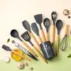 Utensílios de Cozinha de Silicone de Grau Alimentício Conjunto de 12 Peças com Cabos de Madeira Maciça, Resistentes ao Calor e Antiaderentes, Ferramentas Especiais de Cozinha